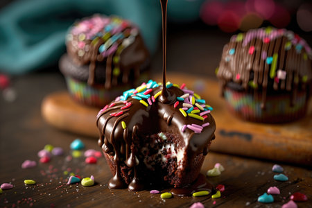 heart-shaped brownie bites drizzled with chocolate and topped with sprinkles, created with generative aiの素材