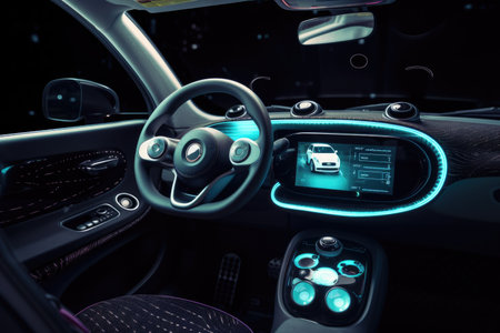 smart car, with data on speed, location and other key metrics displayed on screen, created with generative aiの素材