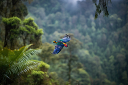 colorful bird flying above forest with view of the trees, created with generative aiの素材