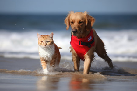 dog and cat lifeguards having a race on the beach, using their speed and agility, created with generative aiの素材