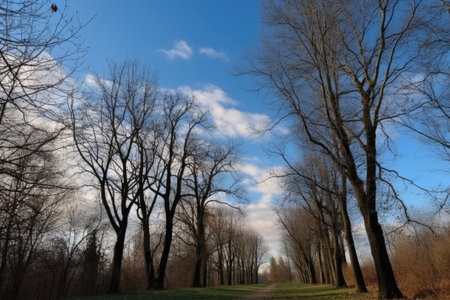 nature, trees and branches in a park with an open view of the sky on a blue background, created with generative aiの素材