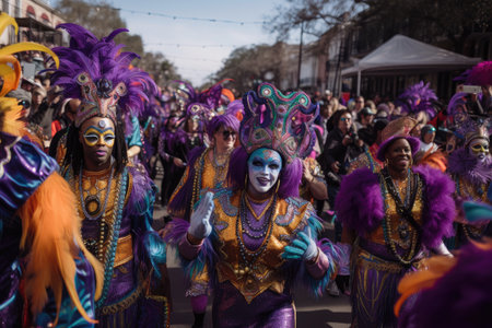 mardi gras parade, with dancers and musicians leading the way, created with generative aiの素材