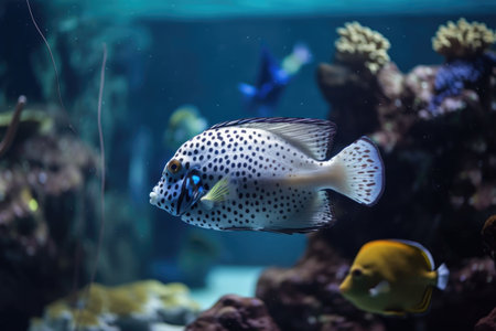 aquarium with exotic fish swimming among coral reef, created with generative aiの素材