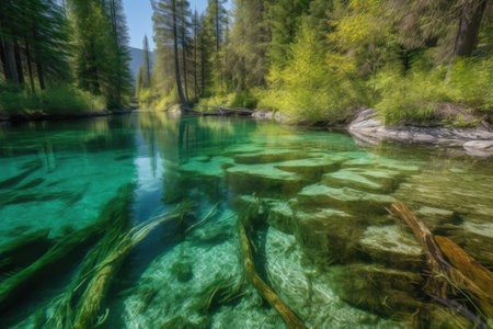 crystal-clear lake surrounded by lush, green forest, created with generative aiの素材