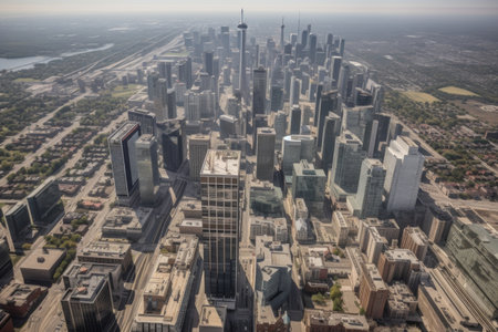 aerial view of a bustling city, with skyscrapers and streets in clear view, created with generative aiの素材