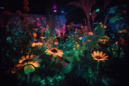 neon plant garden, with blooming flowers and buzzing bees, created with generative aiの素材