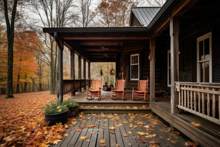 cozy cabin retreat with wraparound porch and rocking chairs, created with generative aiの素材