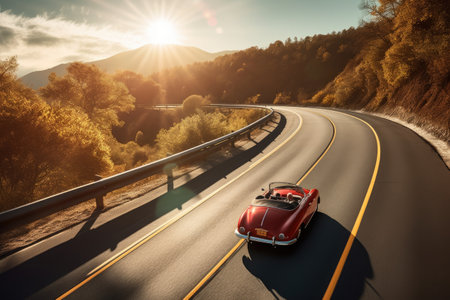 classic car driving down a sunny, scenic highway, created with generative aiの素材