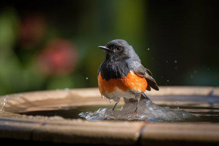 male redstart in bird bath, with wings spread, created with generative aiの素材