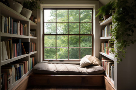 cozy reading nook surrounded by windows and natural light, with view of greenery, created with generative aiの素材