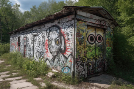 alien graffiti mural on abandoned building, with broken windows and peeling paint, created with generative aiの素材