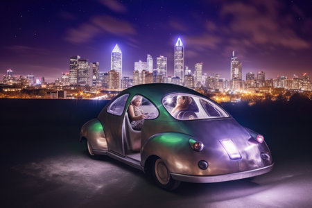 alien being transported by futuristic car, with view of the city and stars in the background, created with generative aiの素材