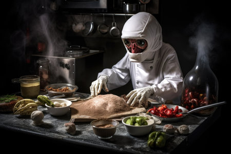 alien chef, mixing ingredients to make favorite earth cuisine, such as pizza or burgers, created with generative aiの素材