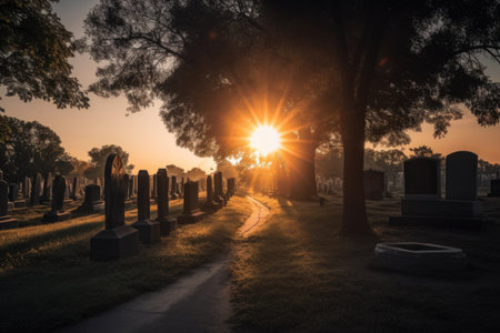 cemetery at sunset, with the sun setting behind a row of headstones, created with generative aiの素材