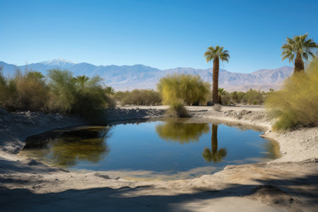 desert oasis, with view of distant mountain range and clear blue sky, created with generative aiの素材