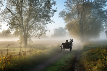 carriage ride through misty morning meadows, with horses and driver in view, created with generative aiの素材