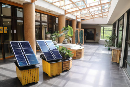 eco-friendly hotel, with solar panels and recycling bins in the lobby, created with generative aiの素材