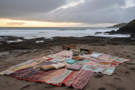 picnic blanket spread out on windswept beach, with the sound of waves in the background, created with generative aiの素材