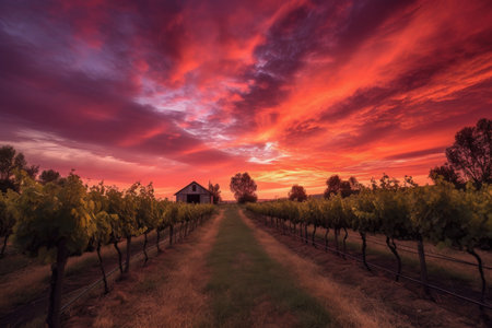 vineyard sunset, with vibrant orange and pink hues in the sky, created with generative aiの素材