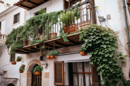 mediterranean house exterior with balcony and hanging plants, for a cozy and inviting outdoor space, created with generative aiの素材