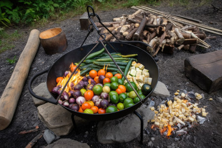 campfire pit with cast-iron skillet, kabob sticks, and assortment of vegetables on the fire, created with generative aiの素材