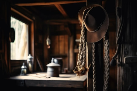 cowboy hat and rope hanging from wooden beam in cozy cabin, created with generative aiの素材