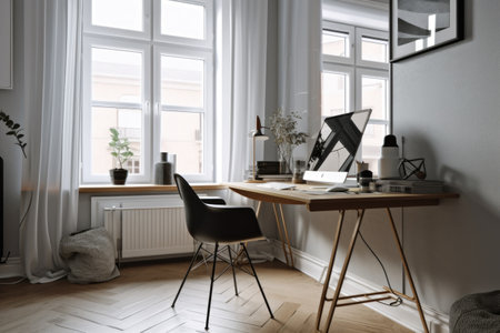 crisp and clean home office with sleek desk and chair, minimal decor, and natural light, created with generative aiの素材