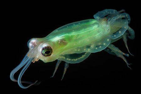 deep-sea squid, its tentacles in attack mode and glowing green, created with generative aiの素材