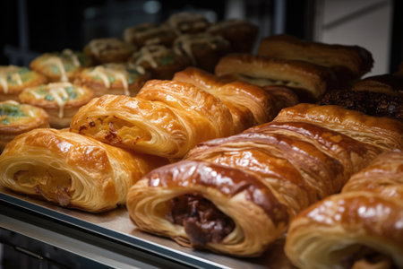 row of flaky puff pastries on bakers rack, with selection of sweet and savory fillings in view, created with generative aiの素材