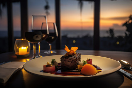 luxurious hotel with plate of carefully crafted gourmet meal, perfect for a romantic getaway, created with generative aiの素材