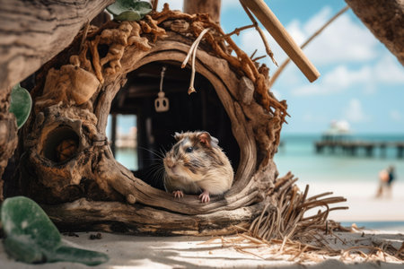 exotic pet with view of beach, surrounded by driftwood and seashells, created with generative aiの素材