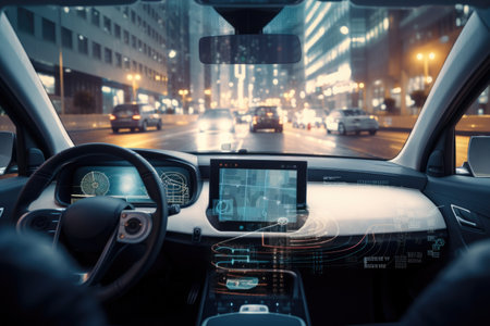 connected car with dashboard view of busy city street, filled with people and traffic, created with generative aiの素材