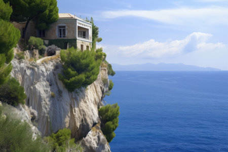 mediterrenean house on cliff side, overlooking the sea, created with generative aiの素材