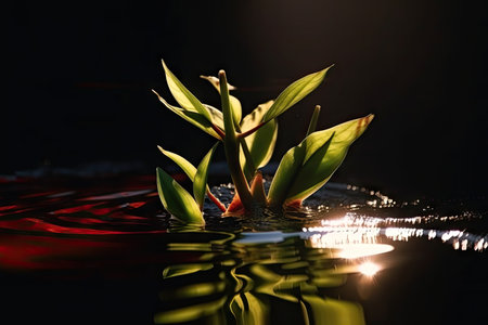 neon plant with shining sun reflection on the water surface, created with generative aiの素材