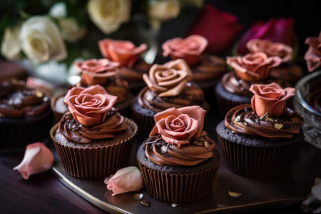 display of sweet and simple chocolate cupcakes with sugar roses, created with generative aiの素材