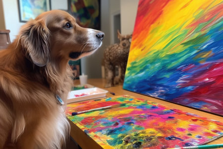 dog using paintbrush to create colorful painting while cat looks on, created with generative aiの素材