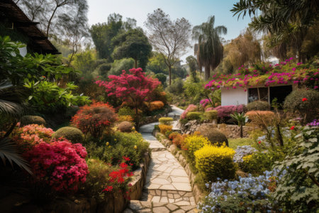 a garden with beautiful blooming flowers, birds chirping and a peaceful atmosphere, created with generative aiの素材