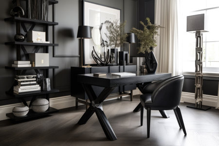 stylish home office with sleek black furniture and modern decor, created with generative aiの素材