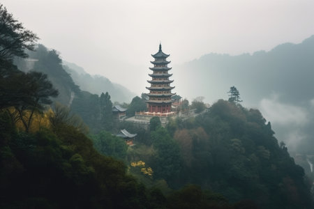 majestic china pagoda rising above misty mountain range, created with generative aiの素材