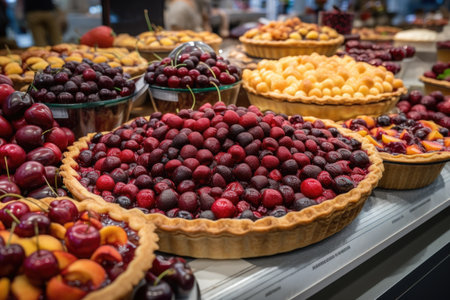 cherry pie on display at market stand, surrounded by fresh fruit, created with generative aiの素材