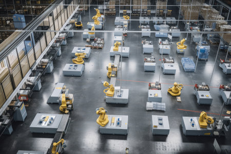 a factory floor filled with autonomous robots, tirelessly performing their duties, created with generative aiの素材