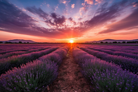 lavender field with dramatic sunset, the sky bursting into color, created with generative aiの素材