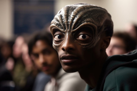 close-up of alien students face, with attentive and curious expression, in lecture hall, created with generative aiの素材