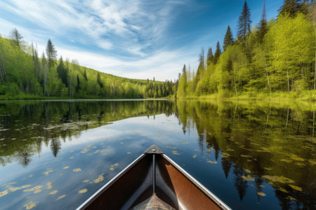 canoeing or kayaking on the calm waters of a lake, with beautiful scenery visible, created with generative aiの素材