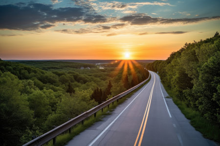 scenic highway, with view of the sunset over the horizon, created with generative aiの素材