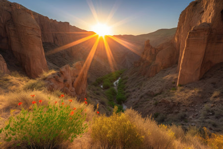 blazing sun setting behind towering canyon walls, casting golden light on the landscape, created with generative aiの素材