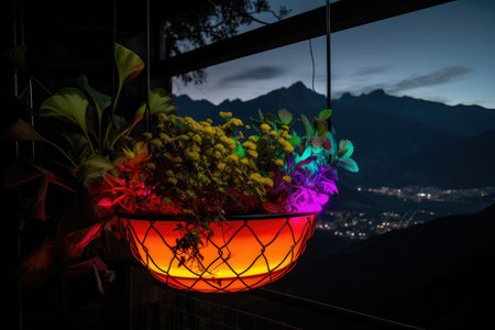 neon plant growing in a hanging basket, with view of mountain range visible in the background, created with generative aiの素材