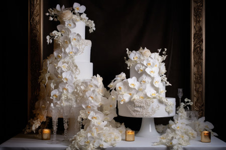 glamorous wedding cake with cascading sugar flowers and crystals, created with generative aiの素材