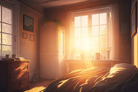 a warm summer morning with the sun rays shining through the window and onto a cozy bedroom, created with generative aiの素材