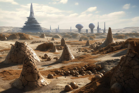 scientists exploring alien landscape with strange life forms visible in the distance, created with generative aiの素材